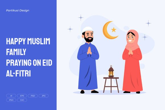 Happy Muslim Family Praying on Eid Embroidery Design Review